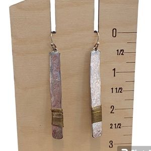 Hammered 925 Sterling Silver Bar Earrings, copper wrapped